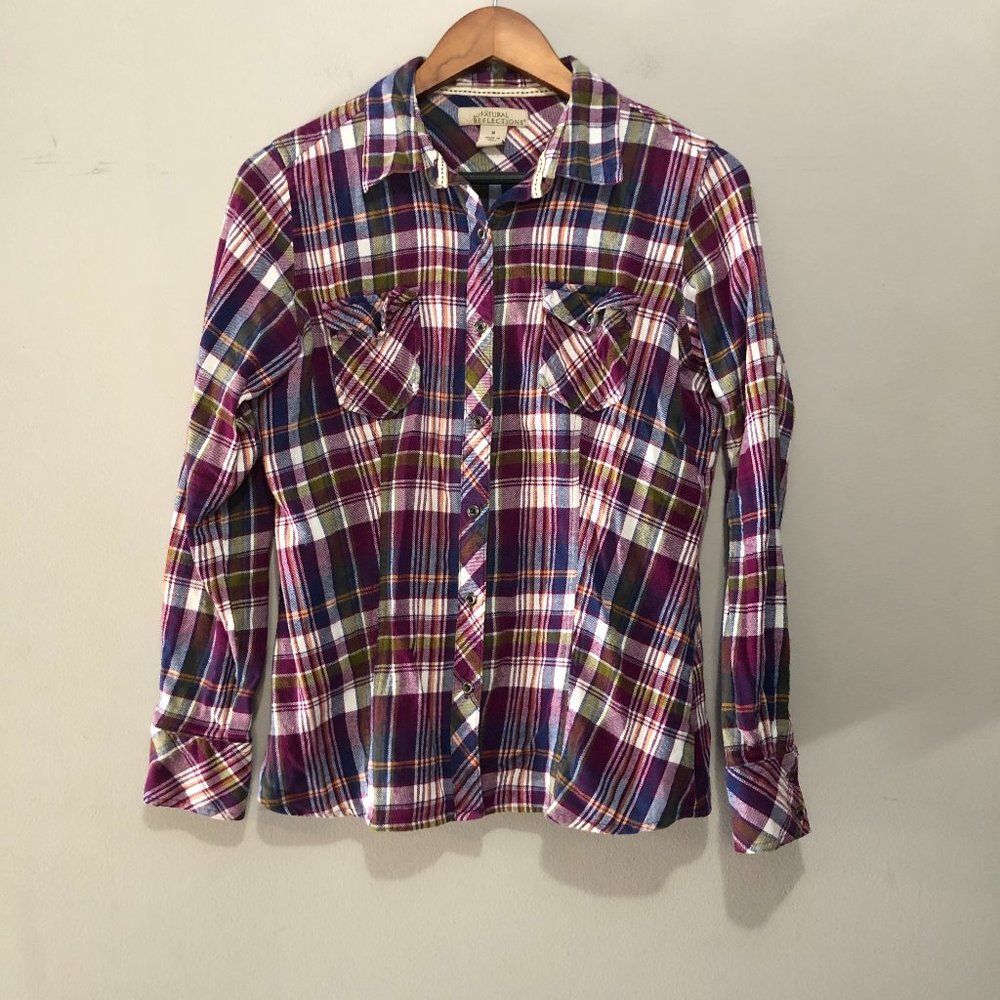 Natural Reflections Long Sleeve Button Up Purple Plaid Size Medium